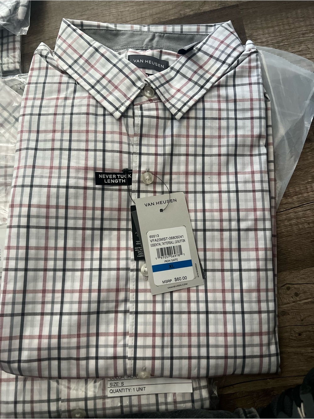 Van Heusen Men's White Plaid Button-Up Shirt with Gray and Red Lines